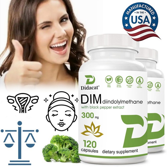 DIM 보충제 300mg, 식물성 캡슐 120개, 21 포뮬러, 디인돌릴메탄 DIM 플러스 흑후추 추출물, 에스트로겐 밸런싱, 여드름 및 PCOS 완화 지원, 120정, 1개