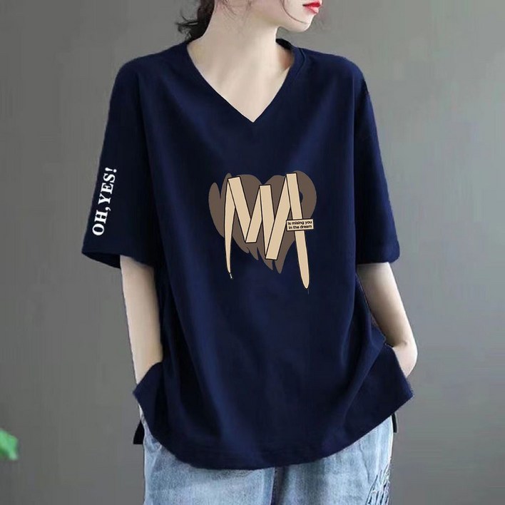 지고다그 여성 봄여름 브이넥 반팔 티셔츠 빅사이즈 루즈핏 엄마옷 캐주얼 프린팅 박시 상의 ZK4165