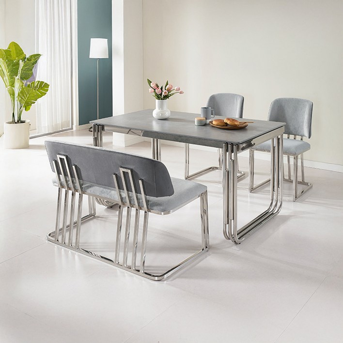 파이핑 통세라믹 실버 4인용 벤치 식탁 SET