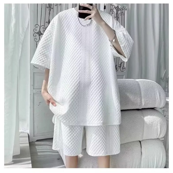 아톰닉 남자와플 셋업 몽드 텍스처 릴렉스 셋업 스노우 코튼 무드세트  화이트클라우드 릴렉스핏남녀공용 와플 반팔반바지 세트여름용 오버핏 와플 셋업