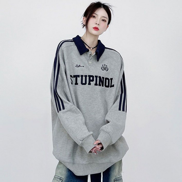 COSYEVNO 봄가을 여성 루즈핏 카라넥 스트라이프 맨투맨 티셔츠 BCXwy-5