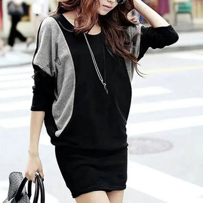 WHYY 순면 원피스 신상 춘추 티셔츠 여성 긴팔 빅 사이즈 가오리핏 스커트 스타일링 원피스 328