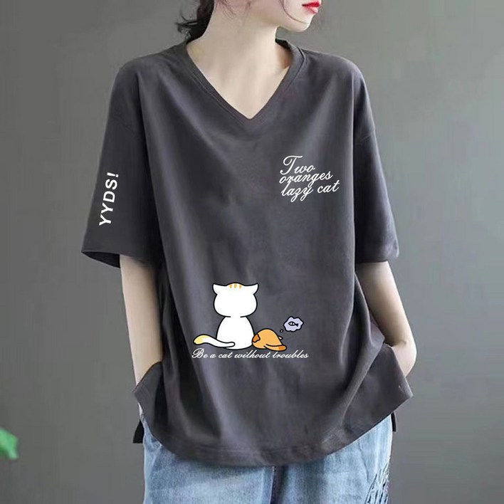 지고다그 여름 순면 반팔 브이넥 티셔츠 귀여운 고양이 루즈핏 캐주얼 빅사이즈 여성 상의 SX68812