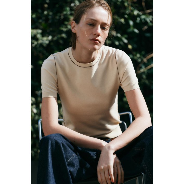 ZARA 자라 파이핑 반소매 니트 탑 크림3390008712