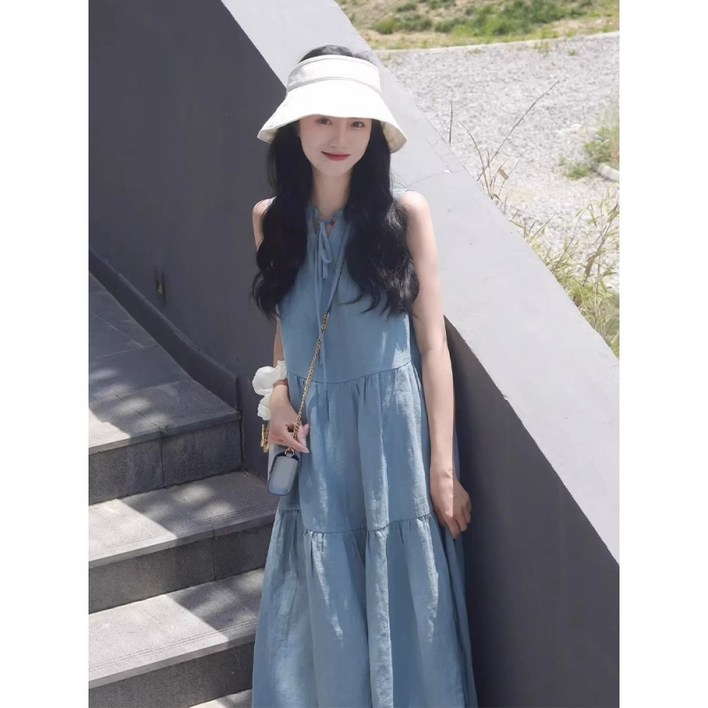 해피유통 여성 키작녀 빅사이즈 루즈핏 스트링 블루 민소매 나시 원피스 gdwx