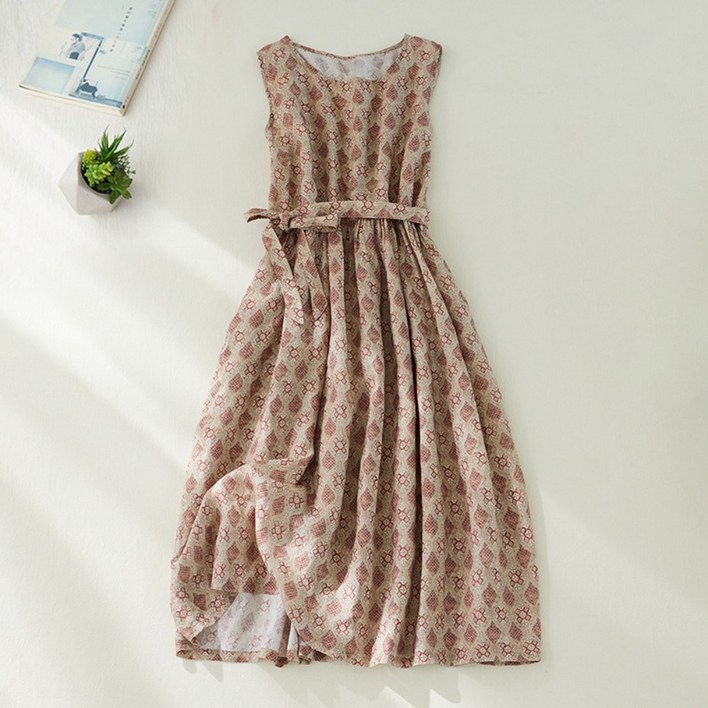 POMTOR 얇은 루즈핏 나시 미디 기장 여성 여름 원피스