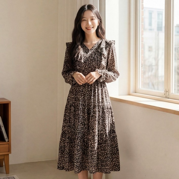 에올브 여성 빅사이즈 플라워 쉬폰 브이넥 긴소매 롱원피스 봄가을 캐주얼