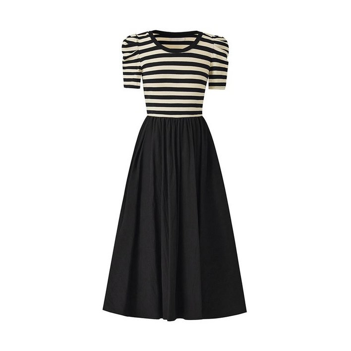 인베스트 퍼프소매 배색 롱 원피스 IN5M1OP3141