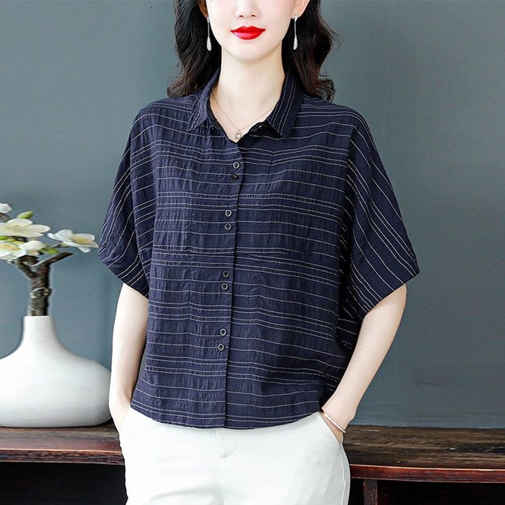 라부라카 중년여성 린넨셔츠 반팔 여름 루즈핏 면 마 셔츠 얇은 상의 엄마 여름옷 빅사이즈 셔츠블라우스