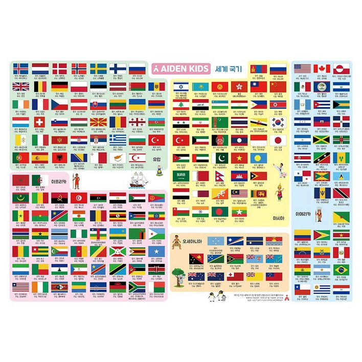 에이든 키즈 세계국기189개 국기 A3 사이즈 flag 어린이 유아 여행 세계 보기 벽보