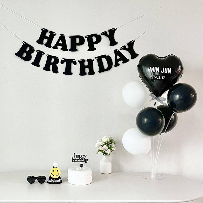 연지마켓 생일가랜드 생일 파티 용품 세트 하트 풍선 자유레터링, 1세트, 블랙가랜드 연지마켓 생일가랜드 생일 파티 용품 세트 하트 풍선 자유레터링, 1세트, 블랙가랜드