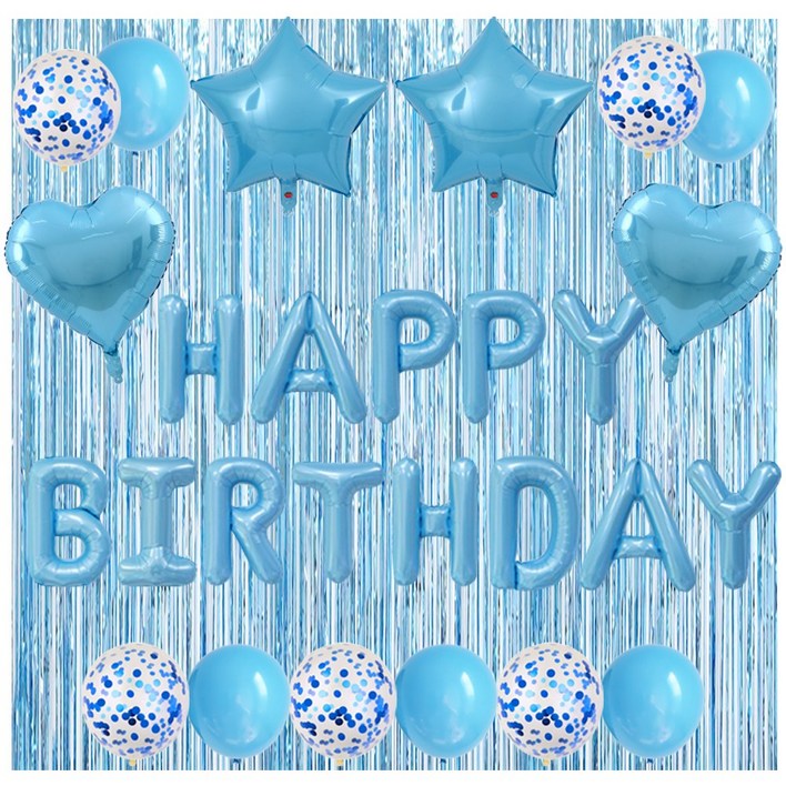 하트 스타 HBD 생일축하 은박풍선 세트 에브리띵스마일 1219, 1세트, 스카이블루 풍선 커튼