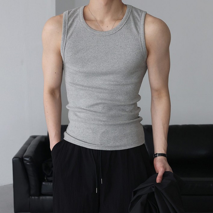 베이직바이블 남자 골지 나시 민소매 고탄력 스판 머슬핏 짐웨어 탄탄한 티셔츠