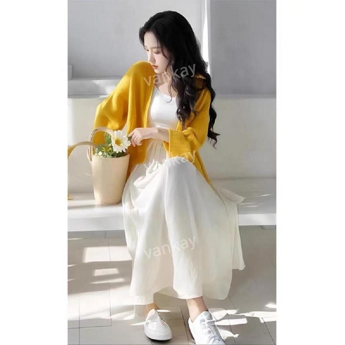 vankay 핫한 신상 첫사랑 화이트 나시 원피스 부드러운 카디건 세트