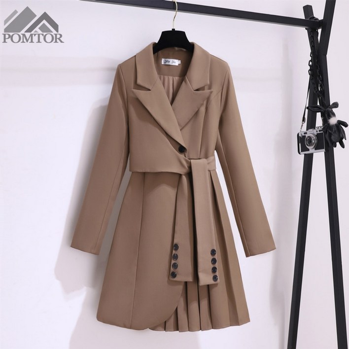 POMTOR 여성 봄가을 면접 고급 하객룩 정장 스커트 긴팔 원피스