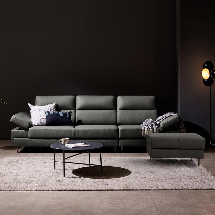 쉐우드 그란데 이태리 천연가죽 팔걸이 틸팅 기능성 4인용 소파  스툴 세트 방문설치, 딥그레이