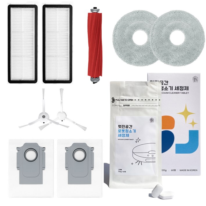 멋진공간 로보락 Q Revo Pro S 호환 물걸레 2p 더스트백 2p 필터 2p 메인 브러쉬 사이드 브러쉬 2p 세정제 소모품 세트
