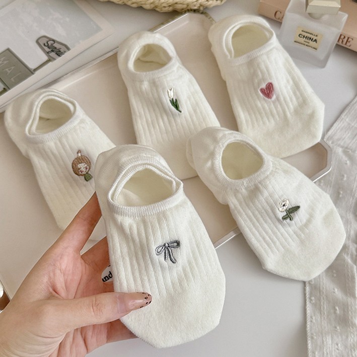 워더미 여성용 러블리 자수 덧신 페이크삭스 5종 세트 M1051