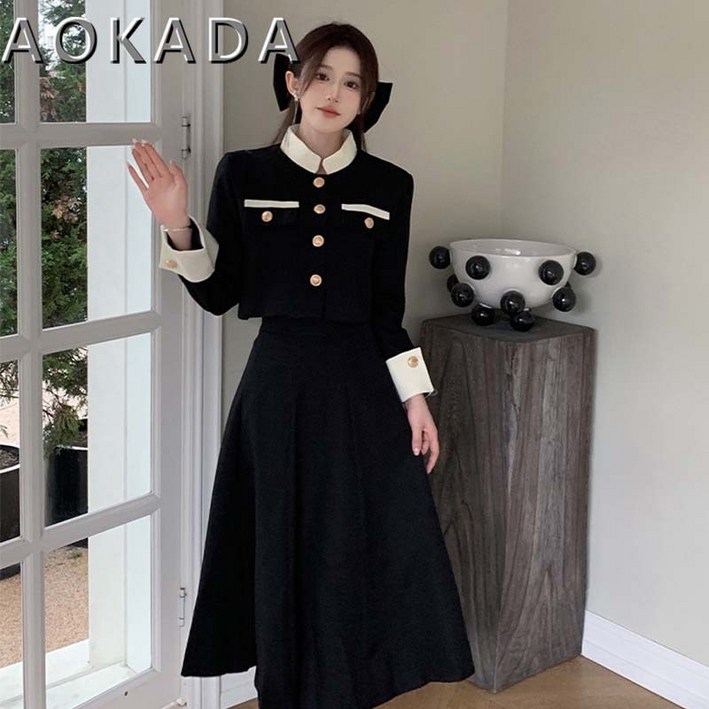 AOKADA 트위드 하객 투피스  기질 통근 스커트 세트