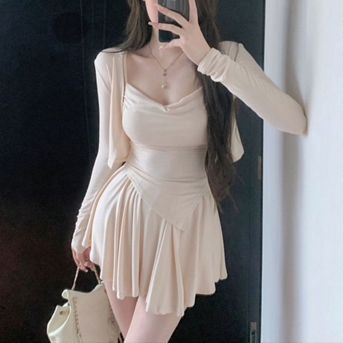 뽀용청순가련글램핏 형광등 킨듯 쫀쫀 드레이프 가디건 나시 스커트 쓰리피스 여신룩 언발 프릴 스판짱짱 S사이즈