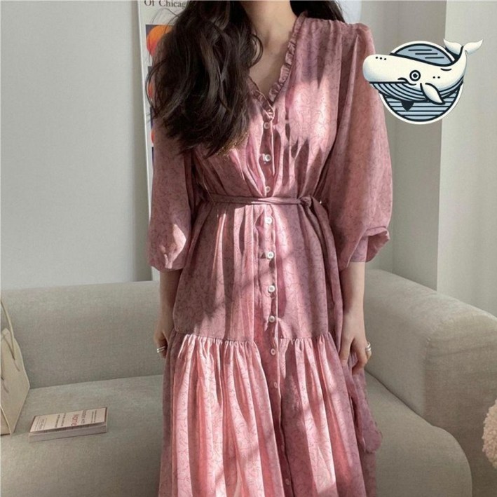 여성 봄가을 브이넥 셔링 롱 원피스 핑크 돌잔치엄마 룩 하객 봄쉬폰 예쁜 정장 휴양지 가을