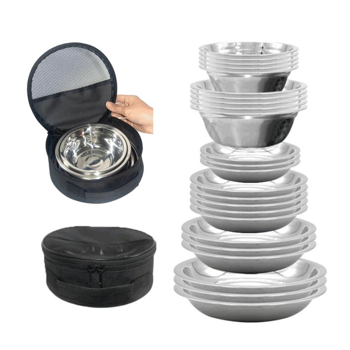 시샘 스텐 캠핑 식기 그릇 접시 코펠 가방 세트 17p 25p, 25개, 실버