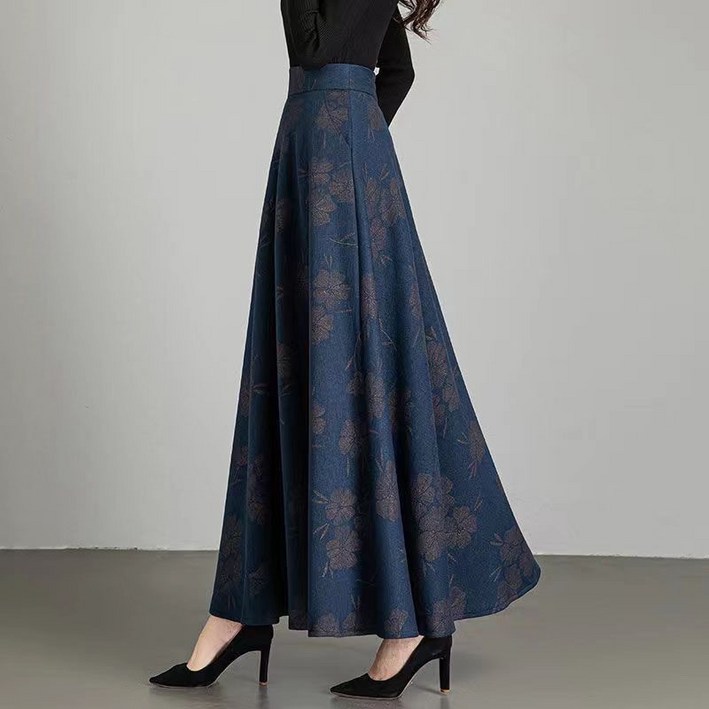 AOKADA 중년 여성 가을 겨울 A라인 플레어 스커트 플라워 프린팅 롱 치마