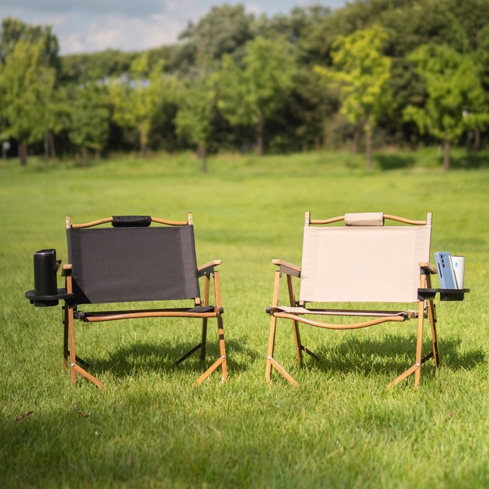 캠핑 의자 2p, 가방, 컵-핸드폰 홀더 2p, 1세트, 블랙 + 베이지