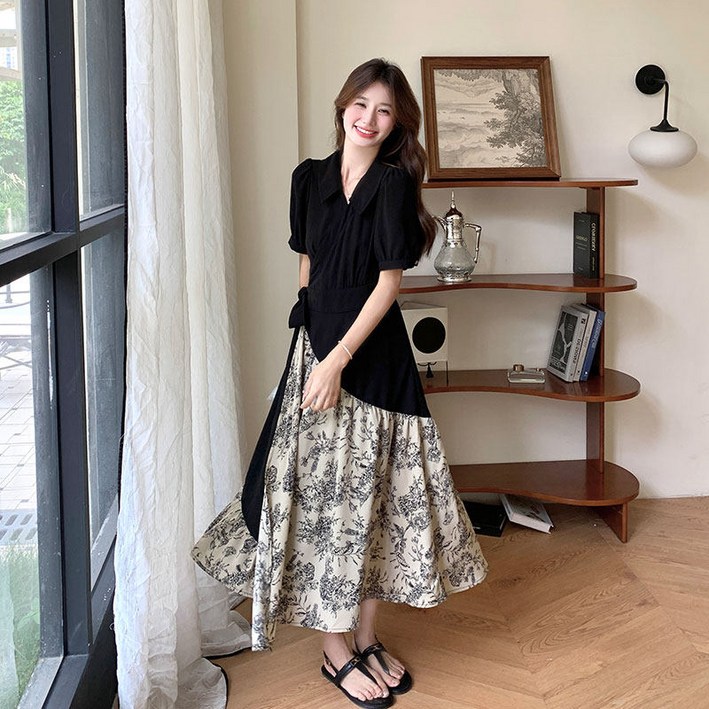 ANYOU 여름 원피스 비대칭 꽃무늬  원피스 슬림 고급감 롱원피스 데일리룩
