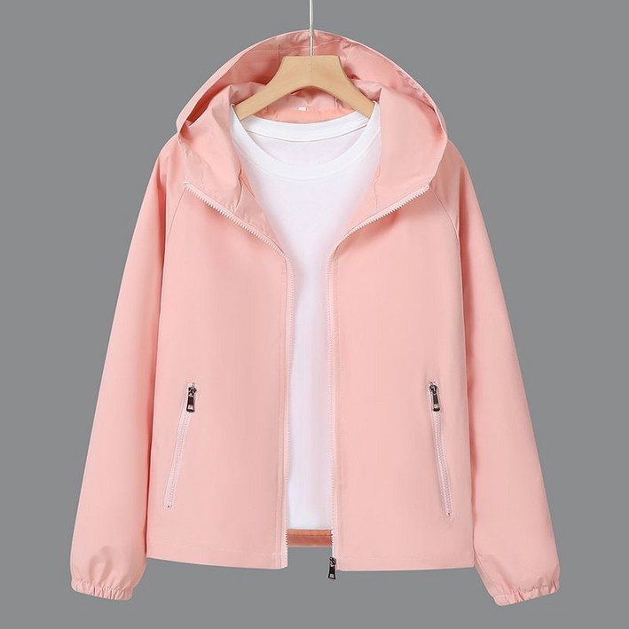 해피유통 여성 봄철 방풍 후드재킷 경량 소재 심플한 지퍼 디자인