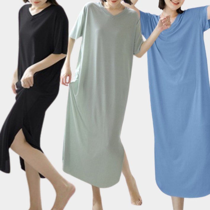 엔그로스 여성 쿨 반팔 롱 원피스 브이넥 옆트임 스판 루즈핏 치마