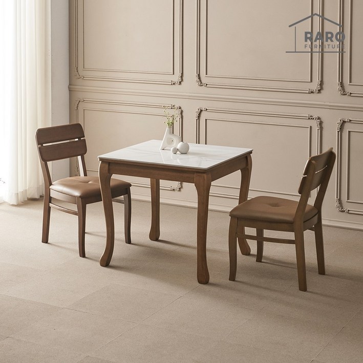 라로퍼니처 프렌치 800 유광 포세린 통 세라믹 2인 고무나무 원목 식탁 세트 식탁의자2, 화이트  월넛