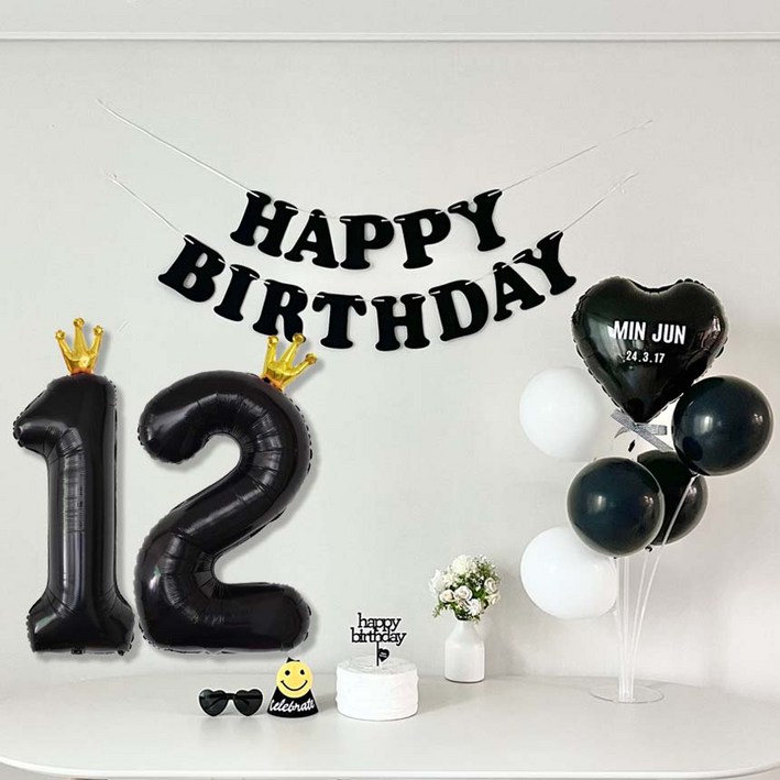 연지마켓 생일가랜드 생일 파티 용품 세트 숫자 하트 풍선 (자유레터링), 1세트, 블랙