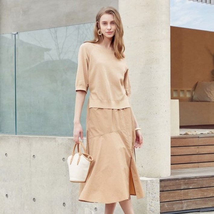 레니본 페미닌 와플 니트 레이어링 원피스 1종 블랙, 썸머 베이지, 라벤더