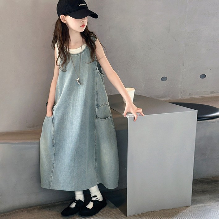 빠빠야네 키즈 주니어 여아데님포켓롱청 민소매 오버핏 롱청원피스 여름