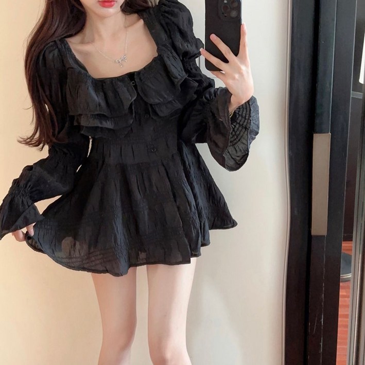 당일출고 퍼프 쉬폰 프릴 캉캉 롱 플레어 긴팔 블라우스