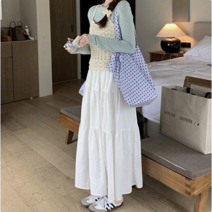 로엔나 여성용 밴딩 A라인 주름 루즈핏 롱스커트