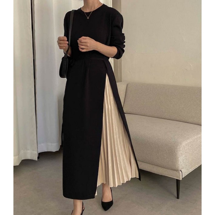 더바지 레이어드 허리끈 플리츠 니트 원피스 2color