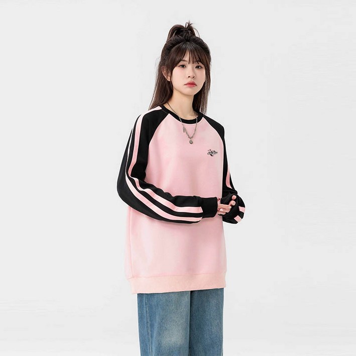 Asure 남녀 공용 봄 가을 커플룩 루즈핏 캐주얼 라운드넥 스트라이프 맨투맨