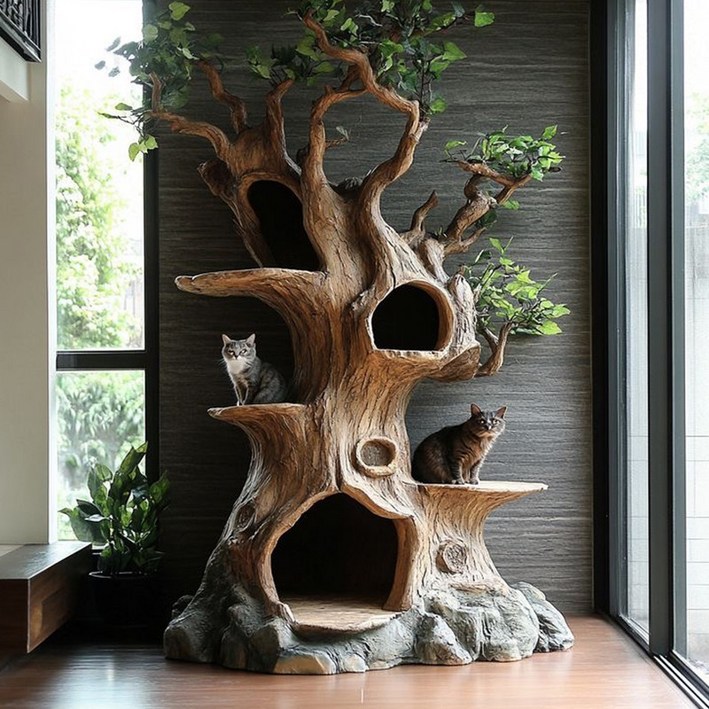 고양이 원목 캣타워 대형 선반캣타워 반려묘 인테리어용 고양이집 등반 놀이기구 숨숨집캣타워 자연스러운 나무 디자인 고양이용품 고양이스크래쳐 포함, 1개, 고양이 나무집 R형 높이 2.5미터