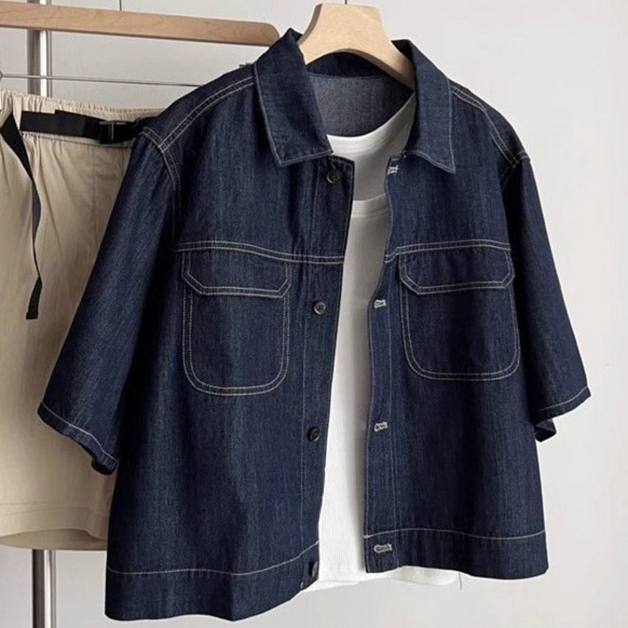 POMTOR 여성 여름 반팔 크롭 데님 재킷 코트 셔츠 얇은 루즈핏 캐주얼 숏 상의