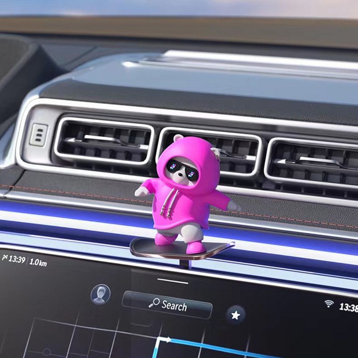 코코카템 스케이트 보드타는 곰돌이 피규어 자동차 네비게이션 장식 인형 차량용 소품 용품, 1개, 블라썸 핑크