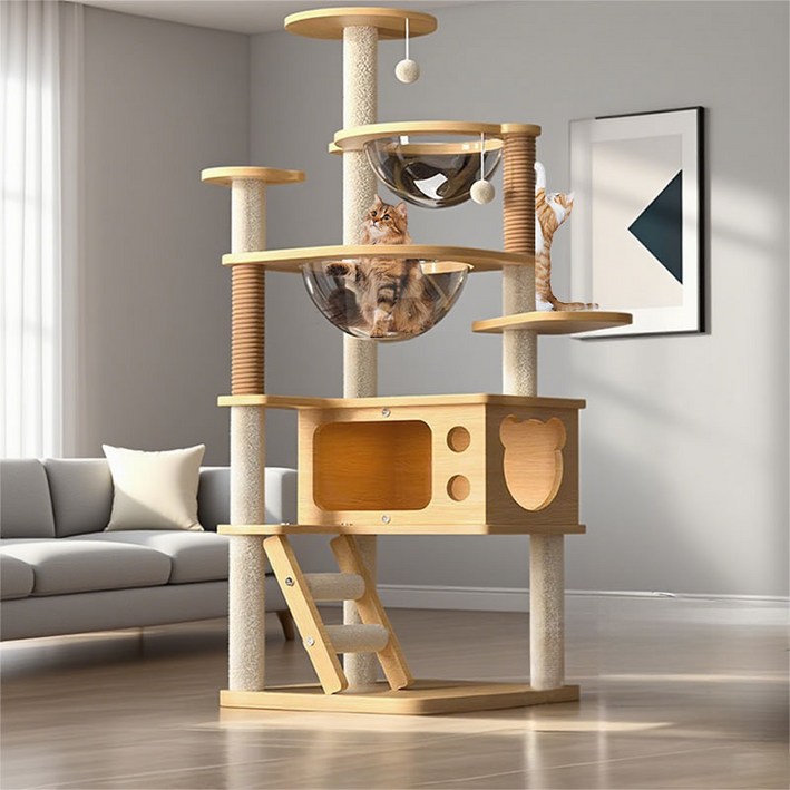 New World 캣타워 고양이 스크래쳐 안정적인 구조로 튼튼하고 견고함 다층 구조로 놀이터 링트리 등반 프레임 + 스크래쳐 + 고양이장난감 대형 및 소형 고양이모두사용 MPJ04, 1개, 원목색