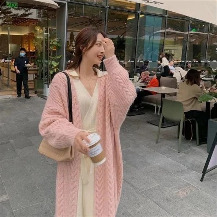 Vezri 여성 성인 겨울용 니트 롱 원피스 두툼한 케이블 니트 가디건 심플한 겨울 스타일 데일리룩 Abb