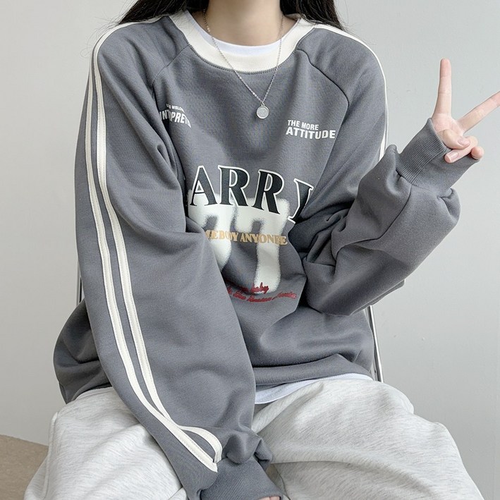 기모안감진짜예뻐요 아방핏 캐리 77 레터링 프린팅 배색 트랙 링거 기모 맨투맨, 루즈핏 맨투맨