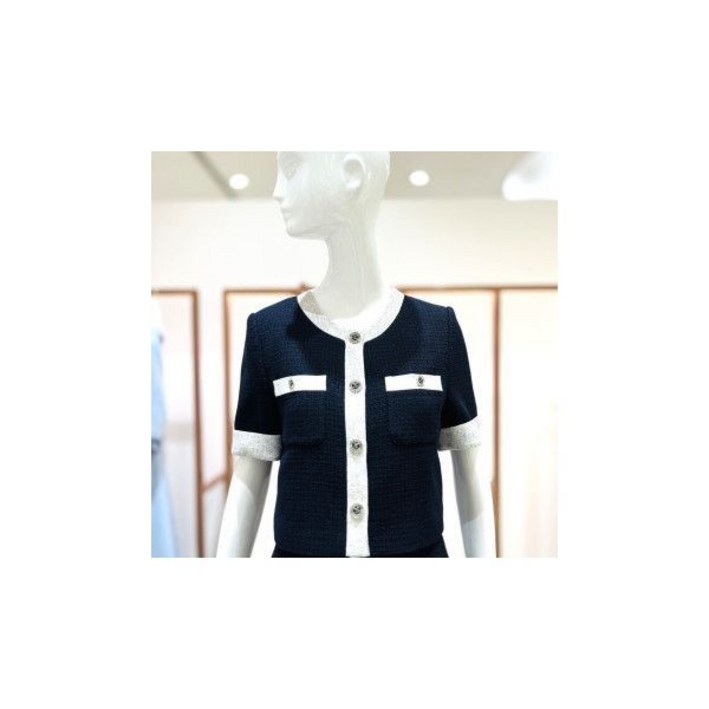 케네스레이디 라인 배색 트위드 셋업 크롭 재킷 EWJKNG4200