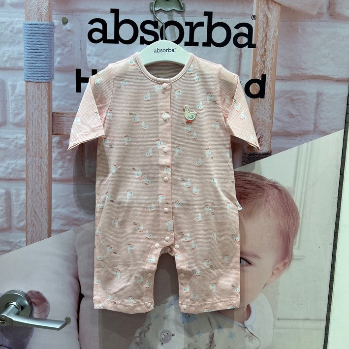 [압소바] 여름특가 /봄 여름 초가을 실내복으로 입기 좋은 7부 우주복 /얇게 가공된 자가드 원단으로 열이 많은 아기도 OK /귀여운 턱받이가 세트로*리리턱받이7부우주*