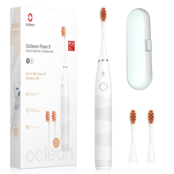 오클린 Oclean Flow 음파전동칫솔본체+칫솔모 3개 1년 2번만 충전 분당 76000회 IPX7방수, 화이트, 1개, 단일상품