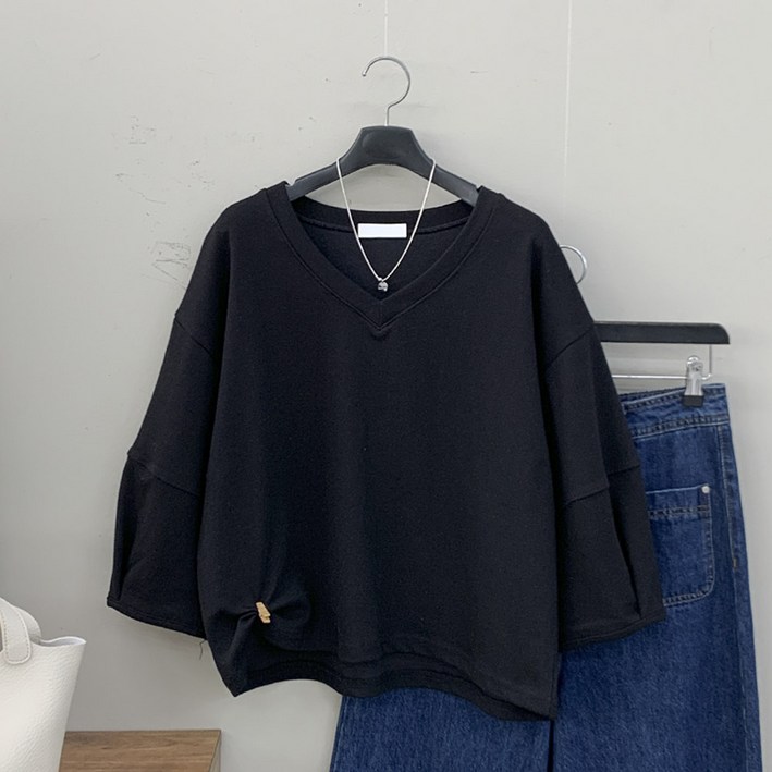 행복여 모니크 브이넥 벌룬 퍼프 7부 소매 티셔츠