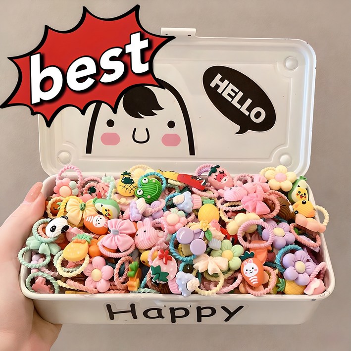 [40개 랜덤]  대용량 유아고무줄 어린이 여아 안아픈 머리끈  작은 아기고무줄 무매듭 귀여미캐릭터머리끈 랜덤발송
